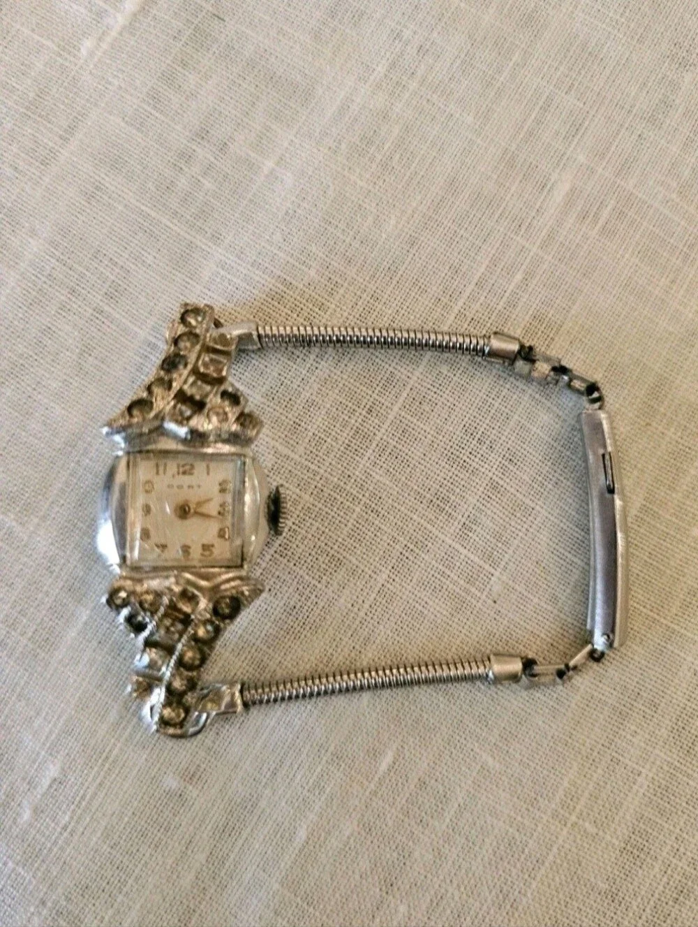 Vintage 40s Cort Art Deco Watch Rhinestone Silver Metal Band Mechanical Mvt Runs